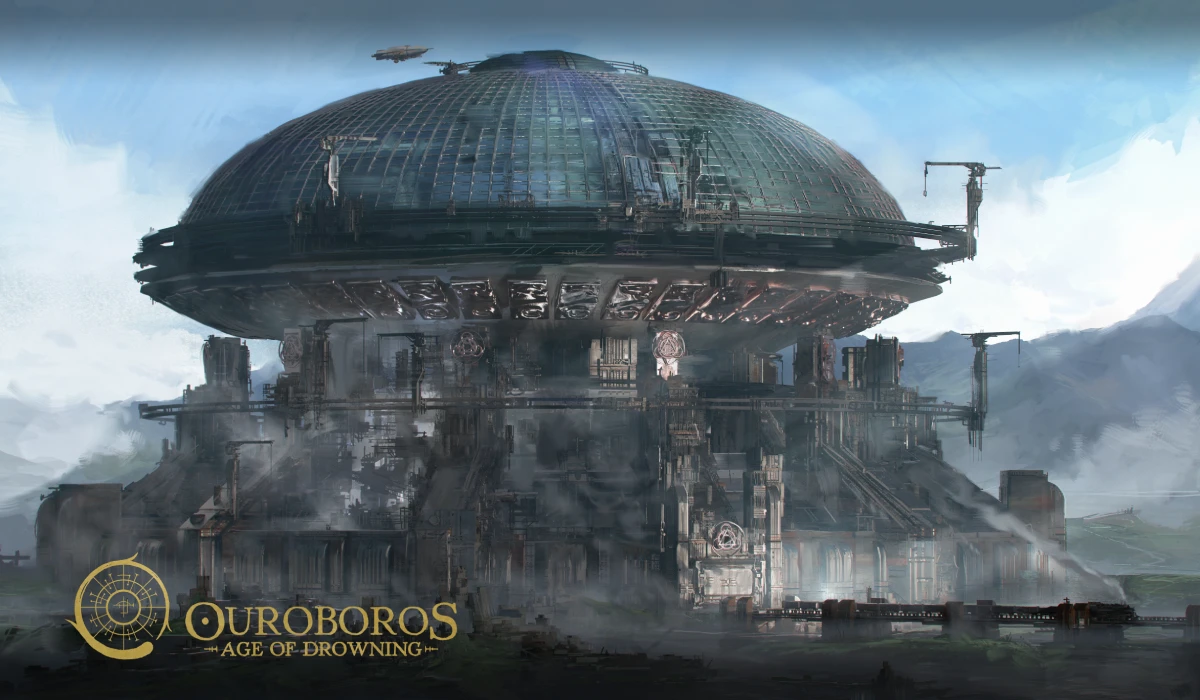 A domed city in the high grounds, an airship flies on clear sky and a train exits the gates